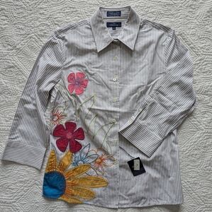 Faconnable Striped Shirt with Colorful Floral Embroidery